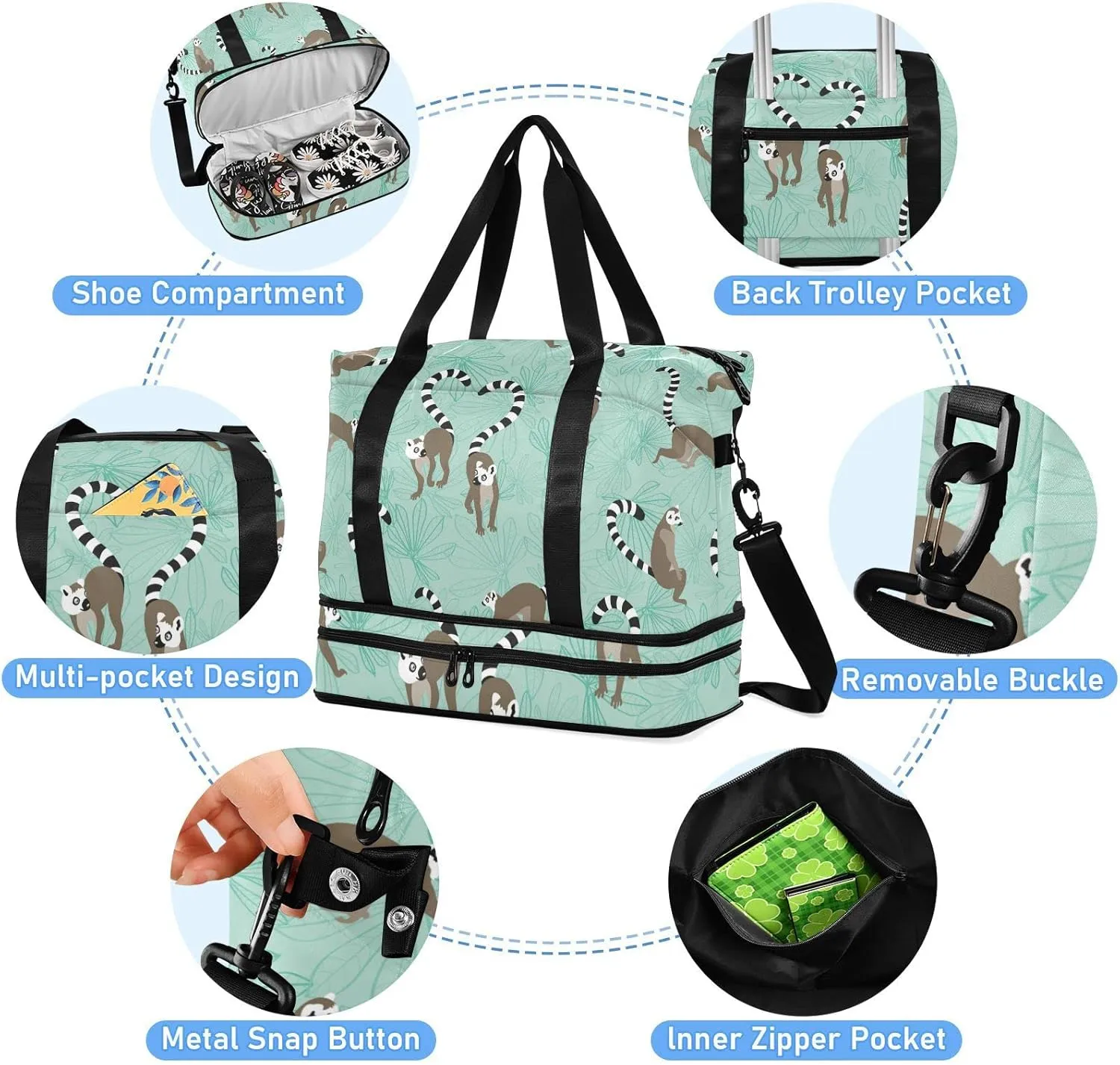 Seamless Katta Lemur on Turquoise Floral Background Foldable Travel Bag, Camping Luggage bag, Portable Gym Bag, Sports Bag, Toiletry Bag with Handles Adjustable Shoulder Strap