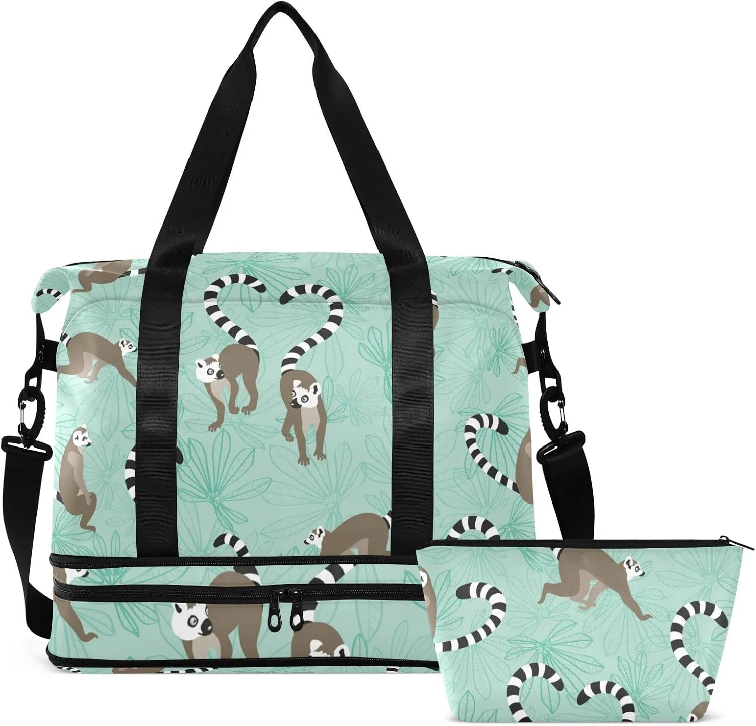 Seamless Katta Lemur on Turquoise Floral Background Foldable Travel Bag, Camping Luggage bag, Portable Gym Bag, Sports Bag, Toiletry Bag with Handles Adjustable Shoulder Strap