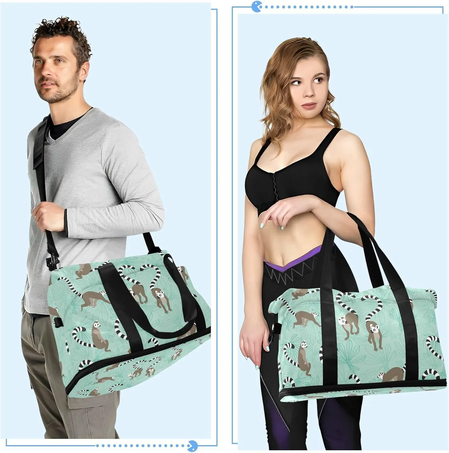 Seamless Katta Lemur on Turquoise Floral Background Foldable Travel Bag, Camping Luggage bag, Portable Gym Bag, Sports Bag, Toiletry Bag with Handles Adjustable Shoulder Strap