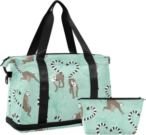 Seamless Katta Lemur on Turquoise Floral Background Foldable Travel Bag, Camping Luggage bag, Portable Gym Bag, Sports Bag, Toiletry Bag with Handles Adjustable Shoulder Strap