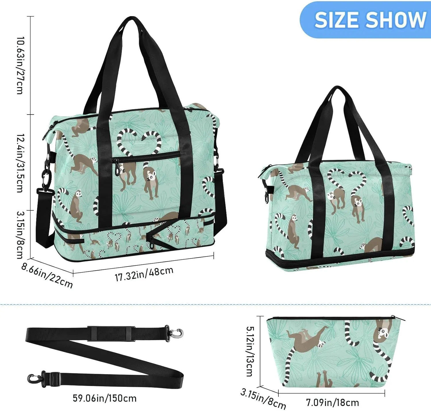 Seamless Katta Lemur on Turquoise Floral Background Foldable Travel Bag, Camping Luggage bag, Portable Gym Bag, Sports Bag, Toiletry Bag with Handles Adjustable Shoulder Strap