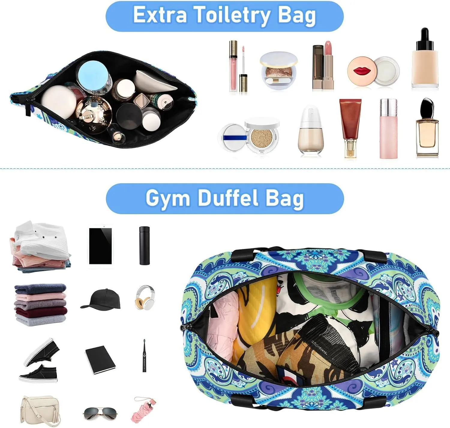 Seamless Paisley Flowers Turquoise Blue Floral Flowers Pattern Foldable Travel Bag, Camping Luggage bag, Portable Gym Bag, Sports Bag, Toiletry Bag with Handles Adjustable Shoulder Strap