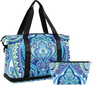 Seamless Paisley Flowers Turquoise Blue Floral Flowers Pattern Foldable Travel Bag, Camping Luggage bag, Portable Gym Bag, Sports Bag, Toiletry Bag with Handles Adjustable Shoulder Strap