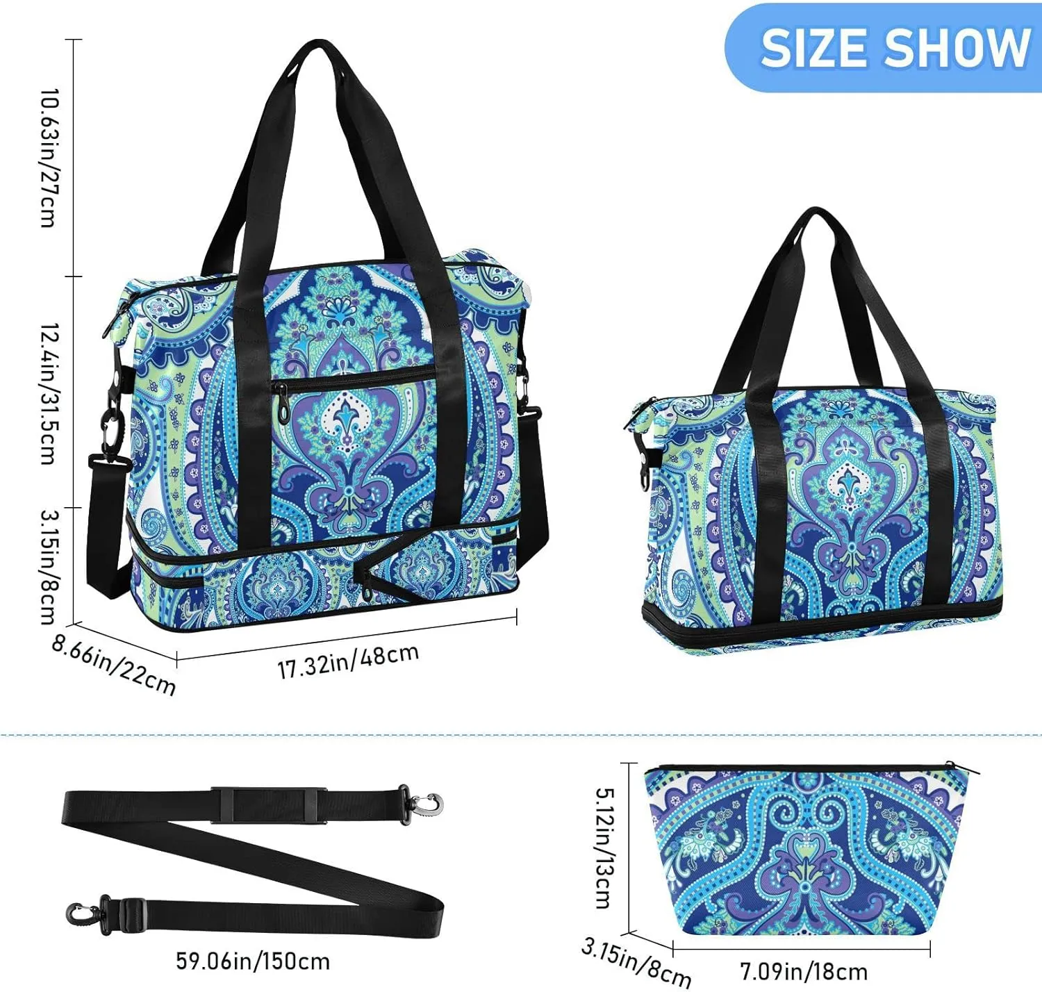 Seamless Paisley Flowers Turquoise Blue Floral Flowers Pattern Foldable Travel Bag, Camping Luggage bag, Portable Gym Bag, Sports Bag, Toiletry Bag with Handles Adjustable Shoulder Strap