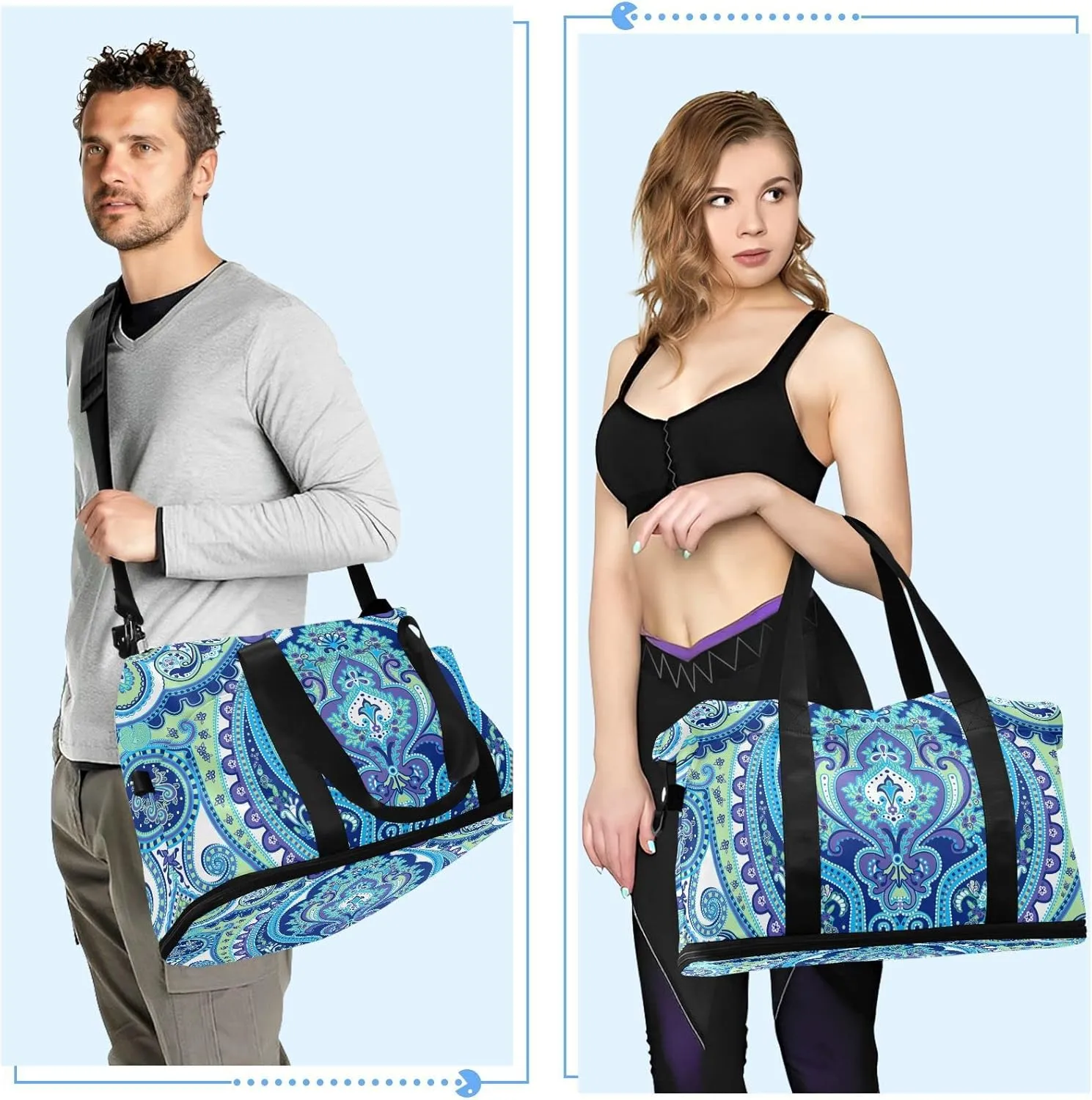 Seamless Paisley Flowers Turquoise Blue Floral Flowers Pattern Foldable Travel Bag, Camping Luggage bag, Portable Gym Bag, Sports Bag, Toiletry Bag with Handles Adjustable Shoulder Strap