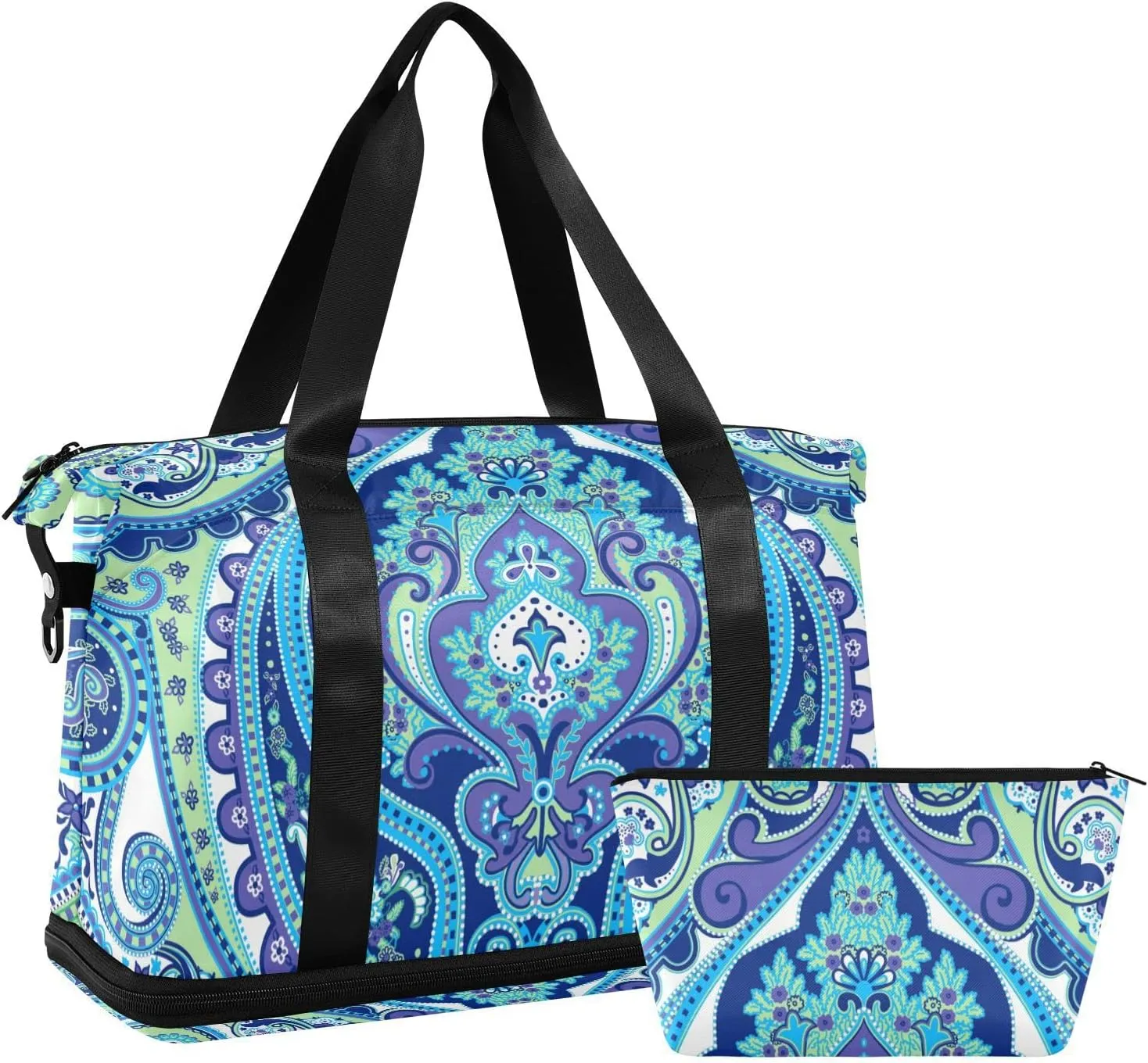 Seamless Paisley Flowers Turquoise Blue Floral Flowers Pattern Foldable Travel Bag, Camping Luggage bag, Portable Gym Bag, Sports Bag, Toiletry Bag with Handles Adjustable Shoulder Strap