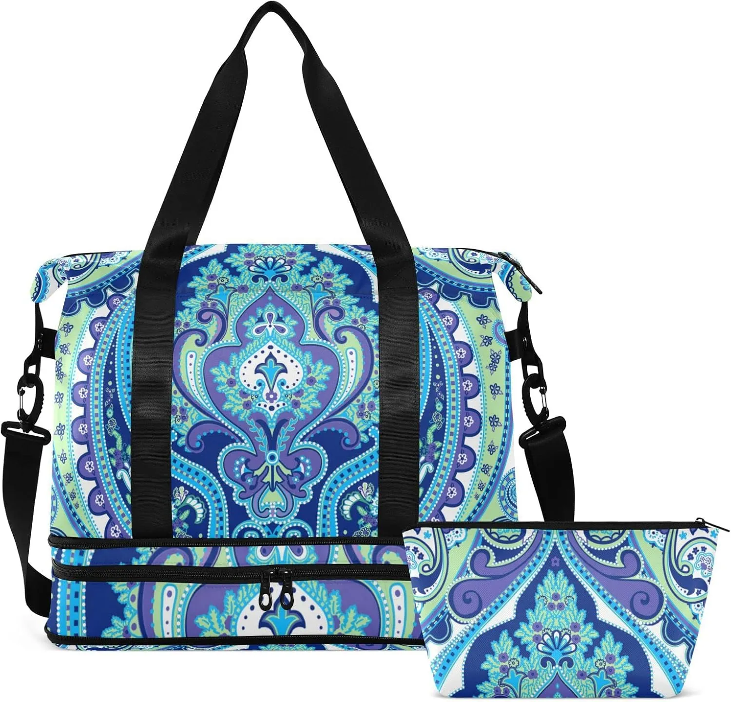 Seamless Paisley Flowers Turquoise Blue Floral Flowers Pattern Foldable Travel Bag, Camping Luggage bag, Portable Gym Bag, Sports Bag, Toiletry Bag with Handles Adjustable Shoulder Strap