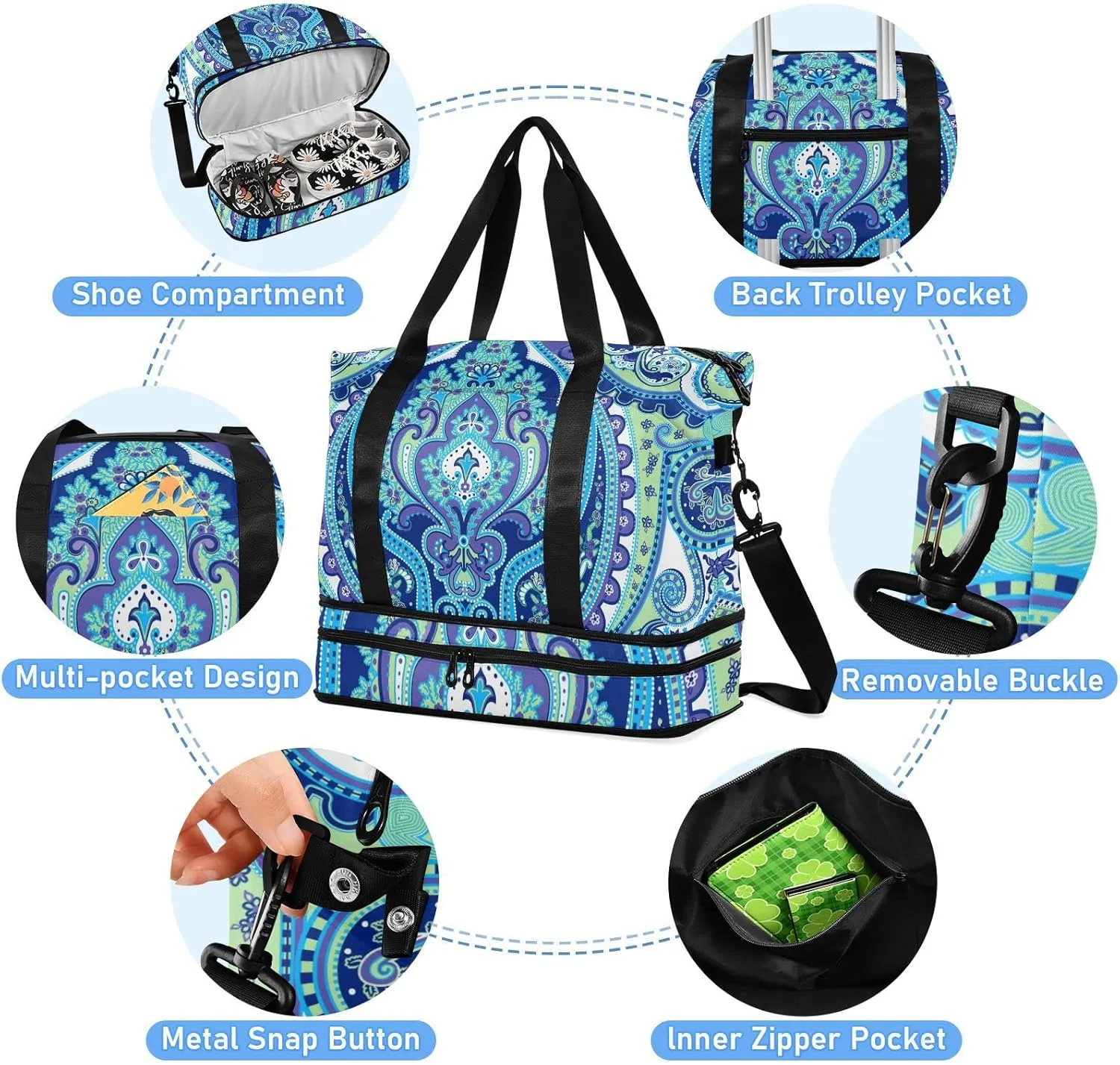 Seamless Paisley Flowers Turquoise Blue Floral Flowers Pattern Foldable Travel Bag, Camping Luggage bag, Portable Gym Bag, Sports Bag, Toiletry Bag with Handles Adjustable Shoulder Strap