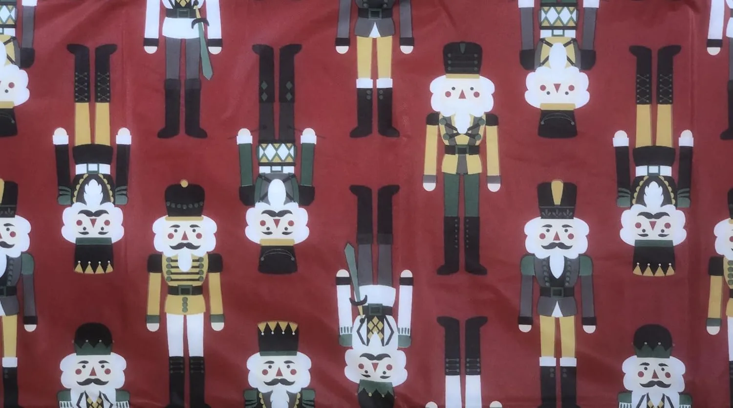 Season Greetings Christmas Vinyl Flannel Back Tablecloth - Christmas Nutcracker Soldiers on Red (52" x 70" Oblong)