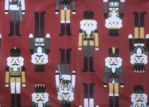 Season Greetings Christmas Vinyl Flannel Back Tablecloth - Christmas Nutcracker Soldiers on Red (52" x 70" Oblong)