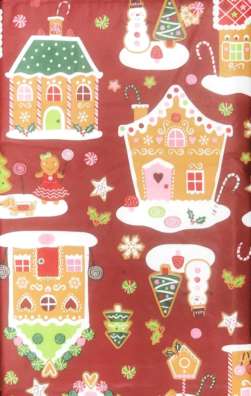 Seasons Greetings Vinyl Flannel Back Tablecloth - Christmas Gingerbread Land on Red Background (52" x 90" Oblong)