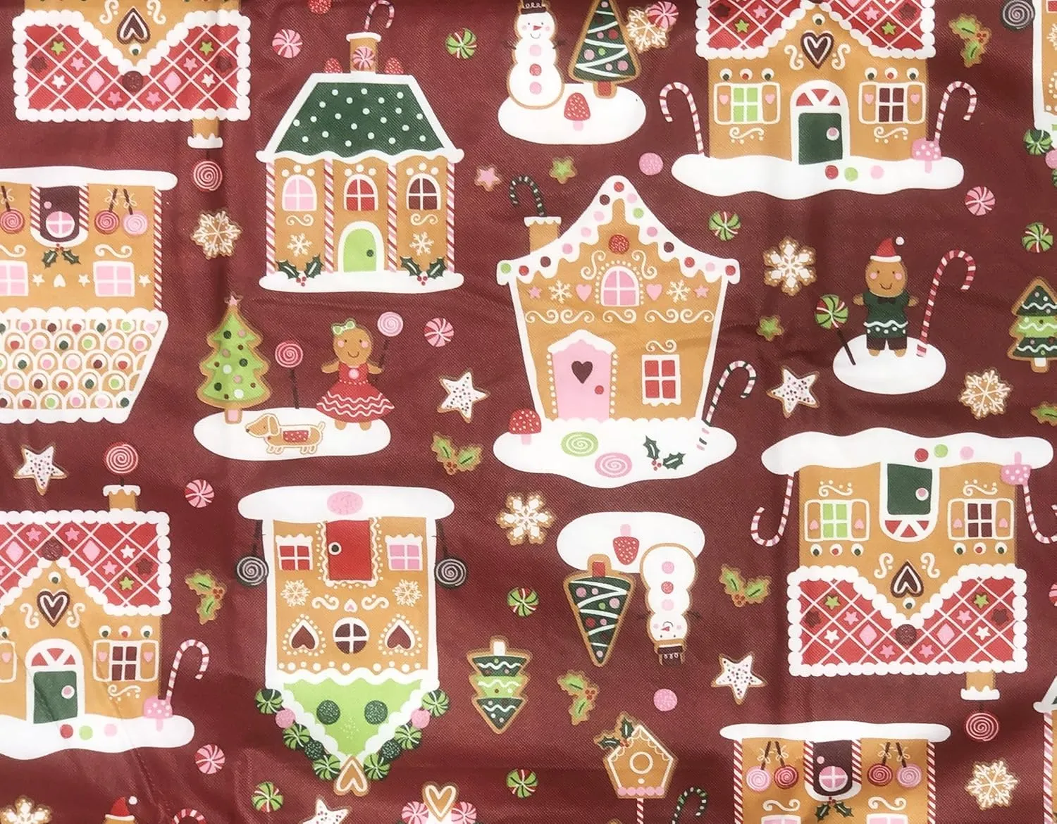Seasons Greetings Vinyl Flannel Back Tablecloth - Christmas Gingerbread Land on Red Background (52" x 90" Oblong)