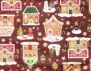 Seasons Greetings Vinyl Flannel Back Tablecloth - Christmas Gingerbread Land on Red Background (52" x 90" Oblong)