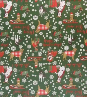 Seasons Greetings Vinyl Flannel Back Tablecloth – Merry Woofmas Dog-Themed Design (Green, 52" x 102" Oblong)