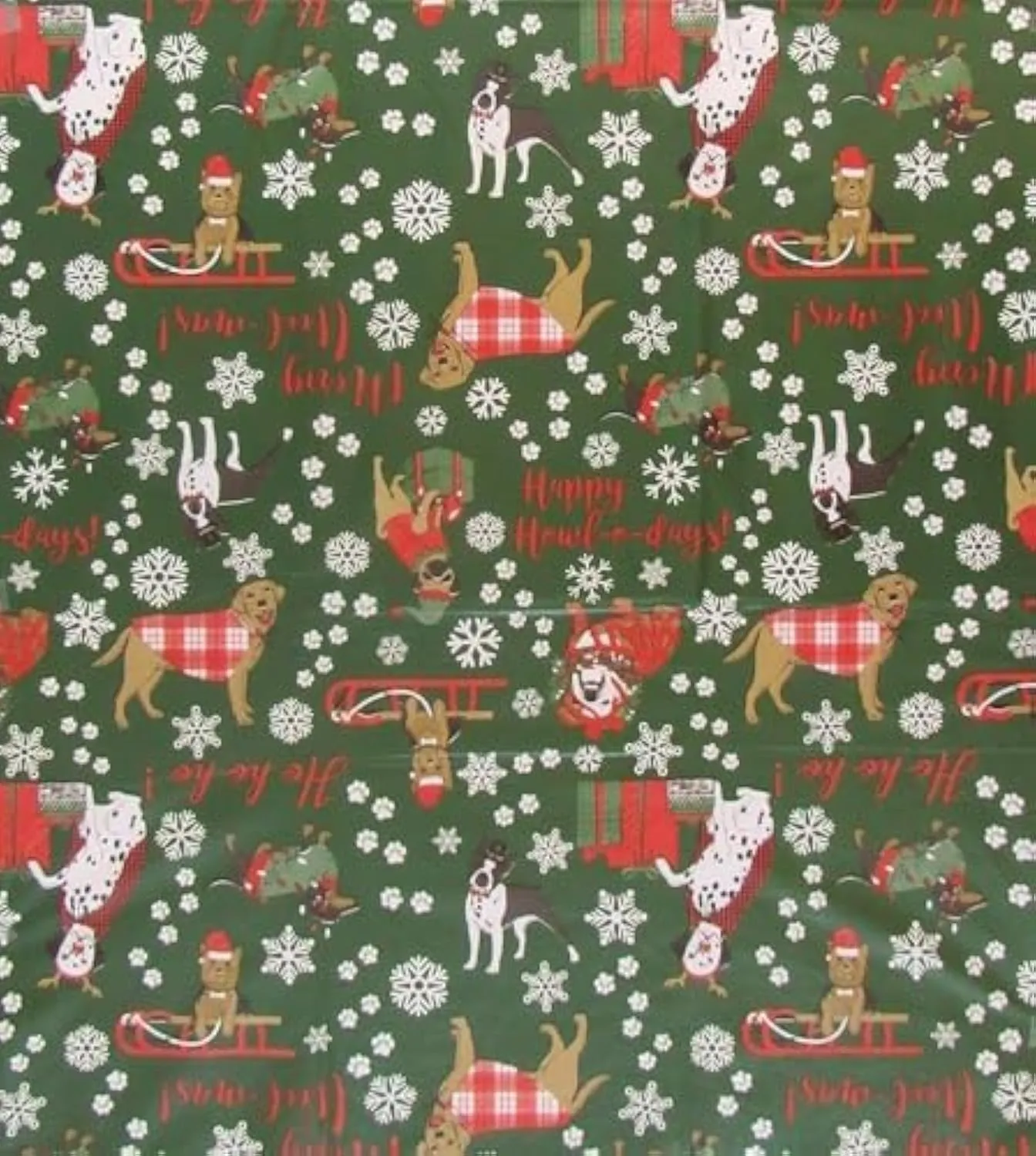 Seasons Greetings Vinyl Flannel Back Tablecloth – Merry Woofmas Dog-Themed Design (Green, 52" x 102" Oblong)