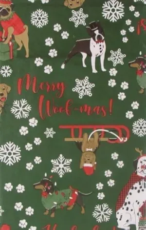 Seasons Greetings Vinyl Flannel Back Tablecloth – Merry Woofmas Dog-Themed Design (Green, 52" x 70" Oblong)