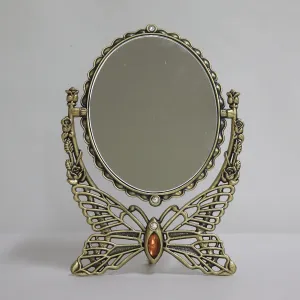 SEHAMANO Vintage Antique Butterfly Patterned Metal Frame Makeup Table Mirror, Decorative Oval Shaped Stand Mirror, Vanity Cosmetic Double Sided Rotatable Ellipse Mirror (Brass (Matt Gold), Medium)