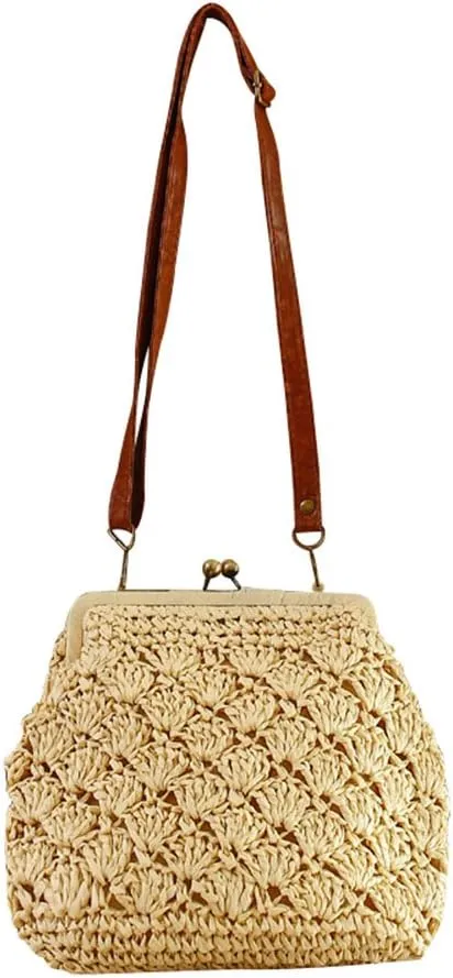 Shell Crochet Straw Woven Shoulder Bags With Vintage Brass Buckle Closed