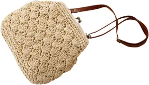 Shell Crochet Straw Woven Shoulder Bags With Vintage Brass Buckle Closed