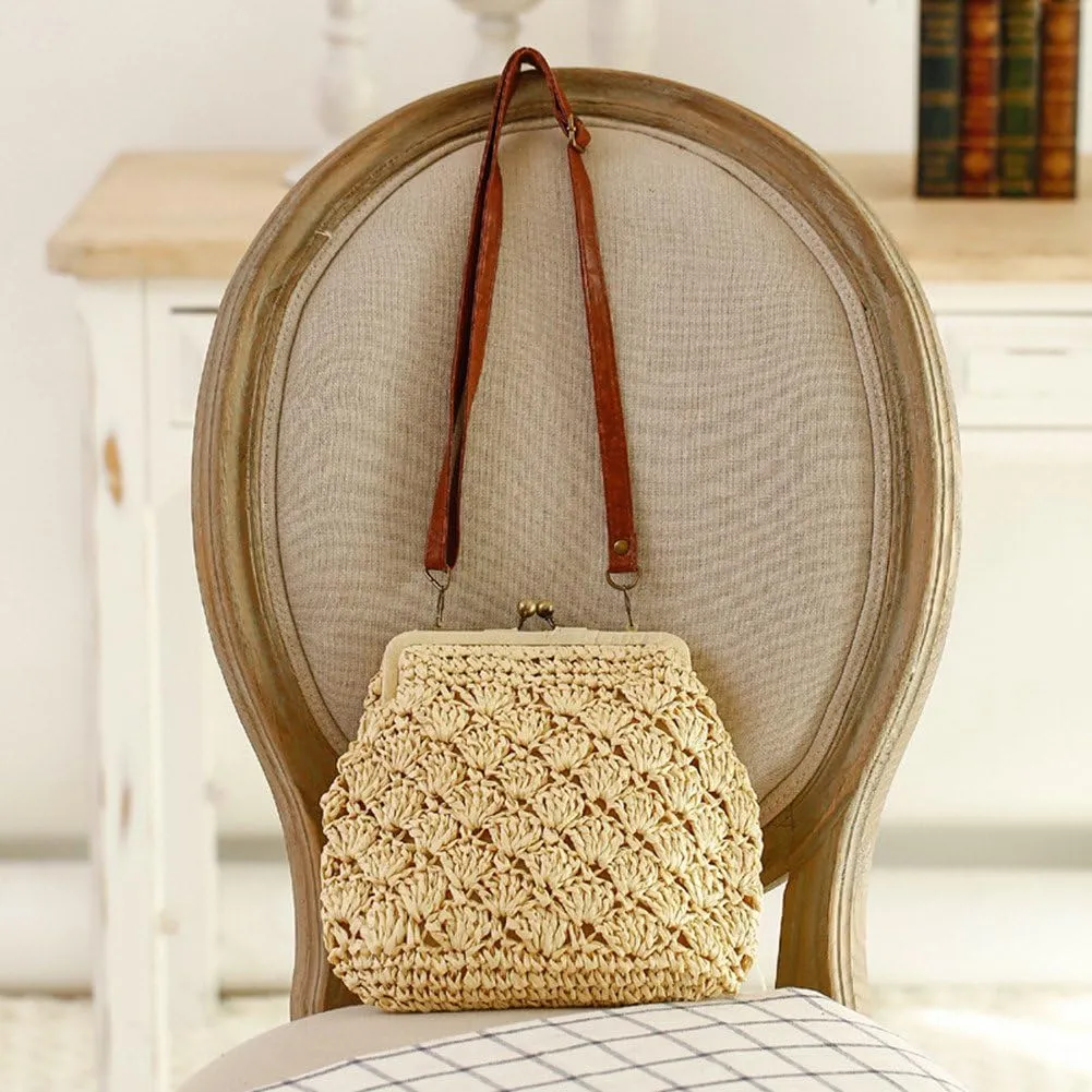 Shell Crochet Straw Woven Shoulder Bags With Vintage Brass Buckle Closed