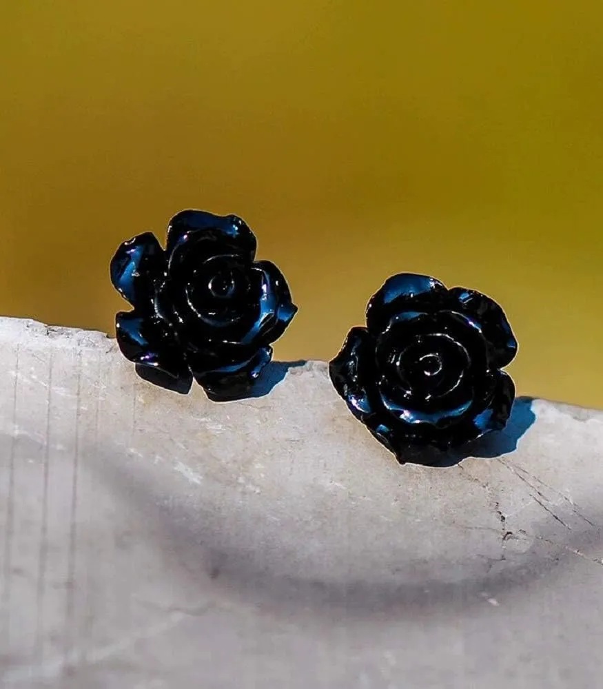 Silver Plated Rose Flower Earring Black Blue Crystal Women Fashion Enchanted Stud Earrings Rhinestone Teardrop Flower Earrings