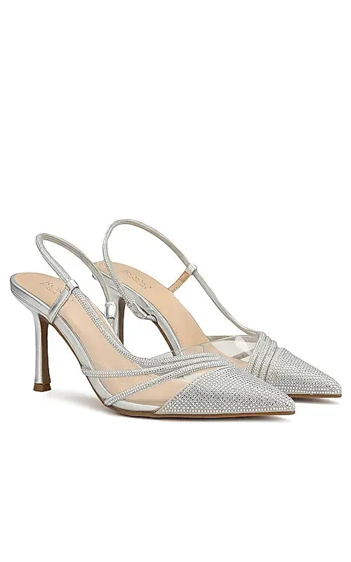 Silver Pointed Toe Slingback Heels