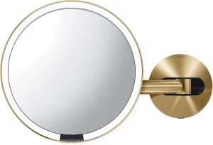 simplehuman Sensor Mirror, Wall Mount Makeup Mirror with Light, 8" Round Lighted with Magnification (5X), Hard Wired, Swing Arm, Brass Stainless Steel