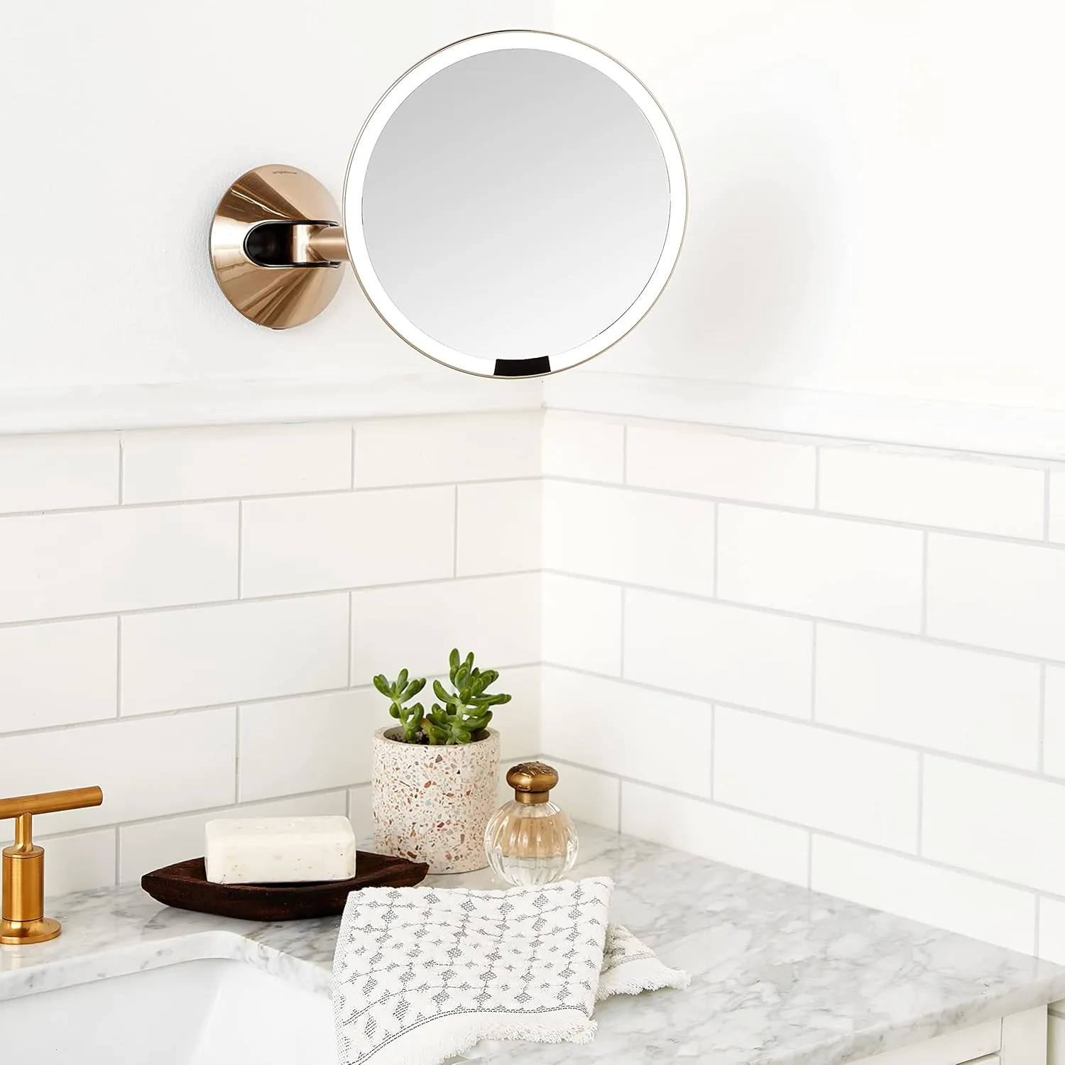 simplehuman Sensor Mirror, Wall Mount Makeup Mirror with Light, 8" Round Lighted with Magnification (5X), Hard Wired, Swing Arm, Brass Stainless Steel