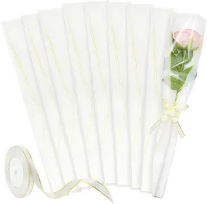 Single Rose Sleeve,50Pcs Single Bouquet Packaging Bags with 1 Roll White ribbons with Gold Edge Flower Bags for Wedding Anniversary Valentine's Day Mother's Day 17.7x4.7 inch