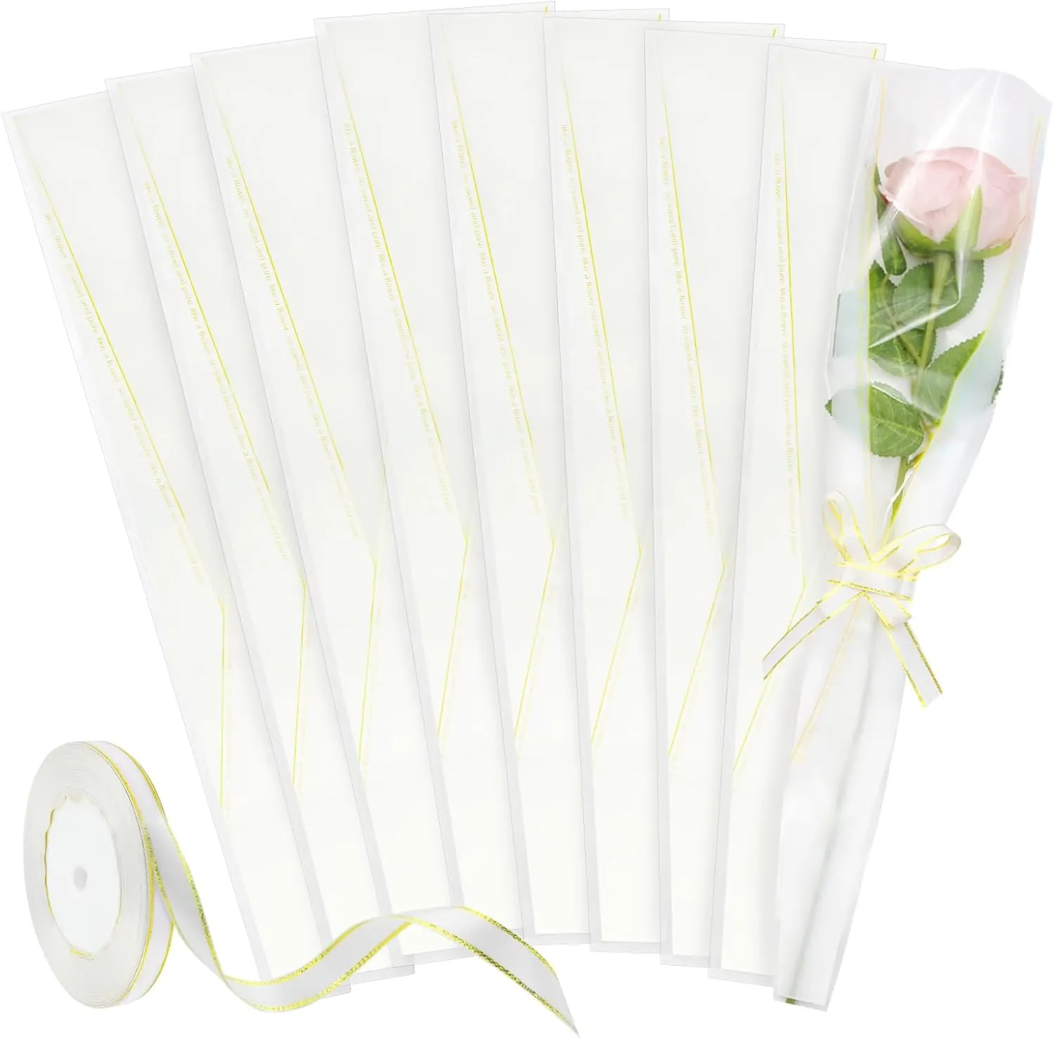 Single Rose Sleeve,50Pcs Single Bouquet Packaging Bags with 1 Roll White ribbons with Gold Edge Flower Bags for Wedding Anniversary Valentine's Day Mother's Day 17.7x4.7 inch