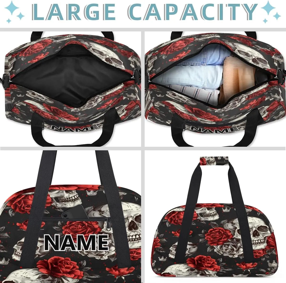 Skeleton Mini Gym Bag 18 inch for Women Men Waterproof Custom Sugar Skull Floral Travel Duffel Bag Carry On Overnight Tote Nurse Bag for Work Fitness Hiking