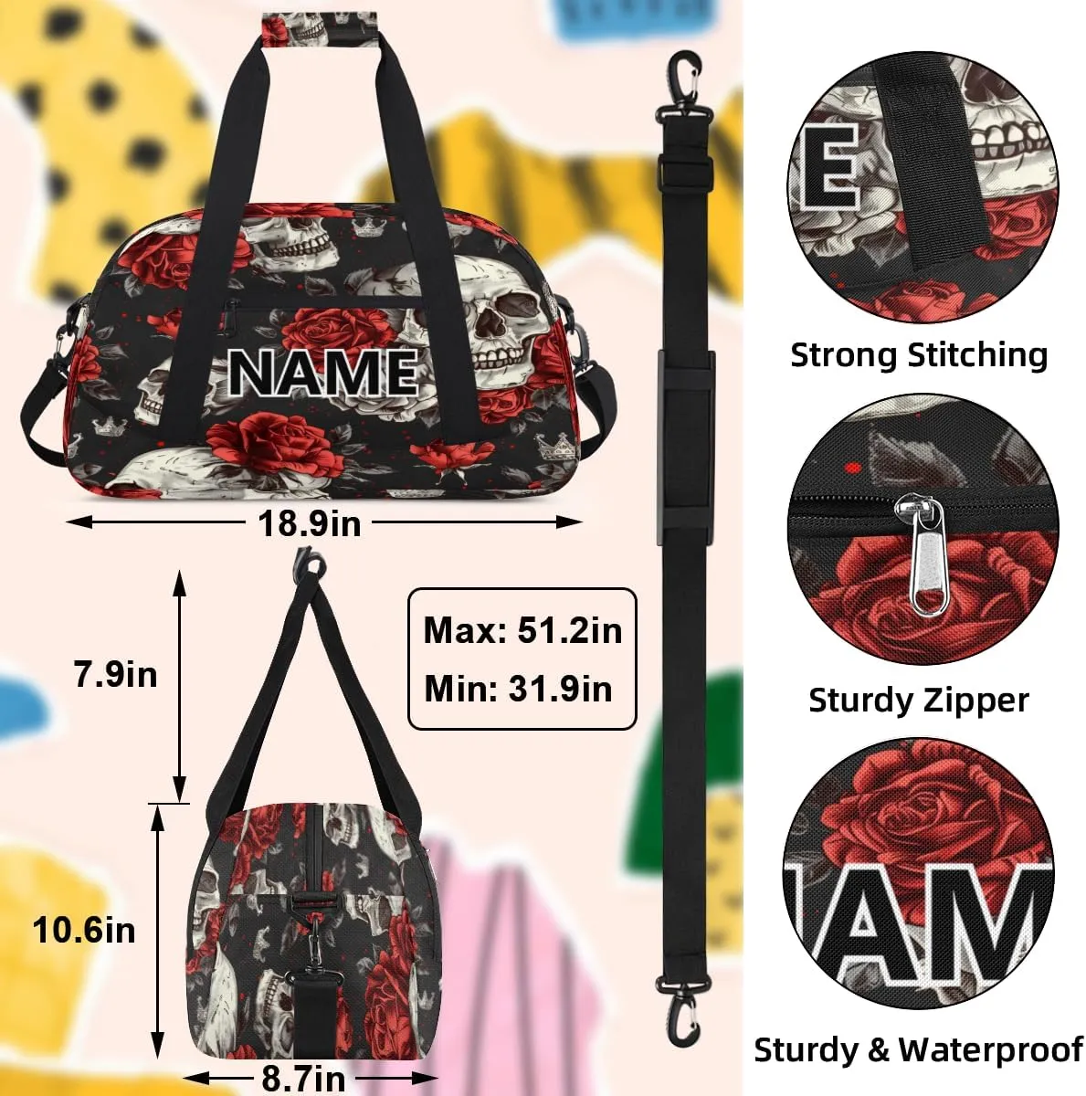 Skeleton Mini Gym Bag 18 inch for Women Men Waterproof Custom Sugar Skull Floral Travel Duffel Bag Carry On Overnight Tote Nurse Bag for Work Fitness Hiking