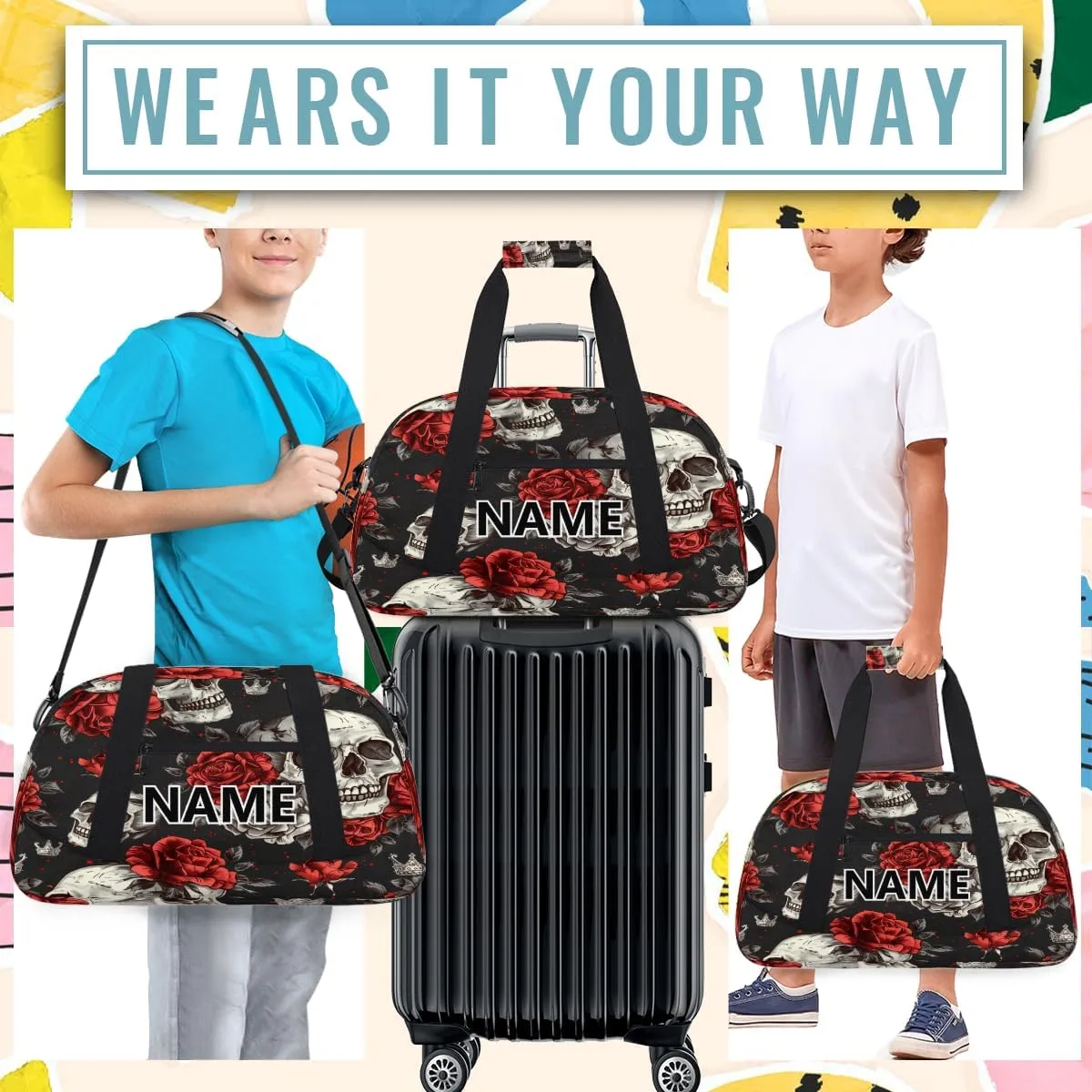 Skeleton Mini Gym Bag 18 inch for Women Men Waterproof Custom Sugar Skull Floral Travel Duffel Bag Carry On Overnight Tote Nurse Bag for Work Fitness Hiking