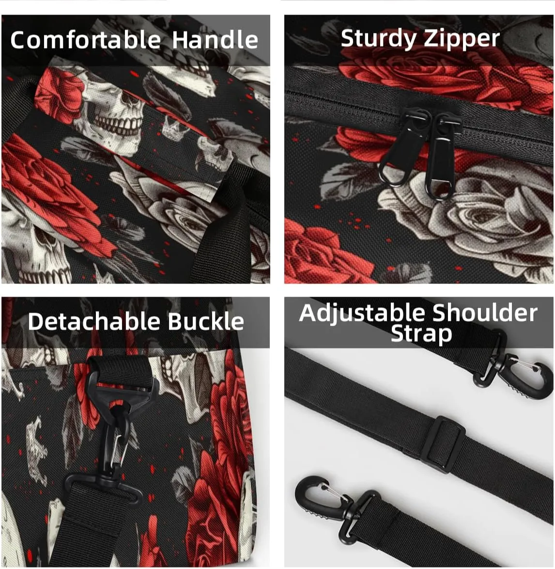 Skeleton Mini Gym Bag 18 inch for Women Men Waterproof Custom Sugar Skull Floral Travel Duffel Bag Carry On Overnight Tote Nurse Bag for Work Fitness Hiking