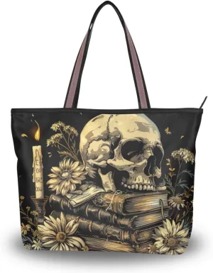Skull Book Floral Candle Tote Bag for Women Durable Designer Handbag with Zipper for Daily Use Travel L