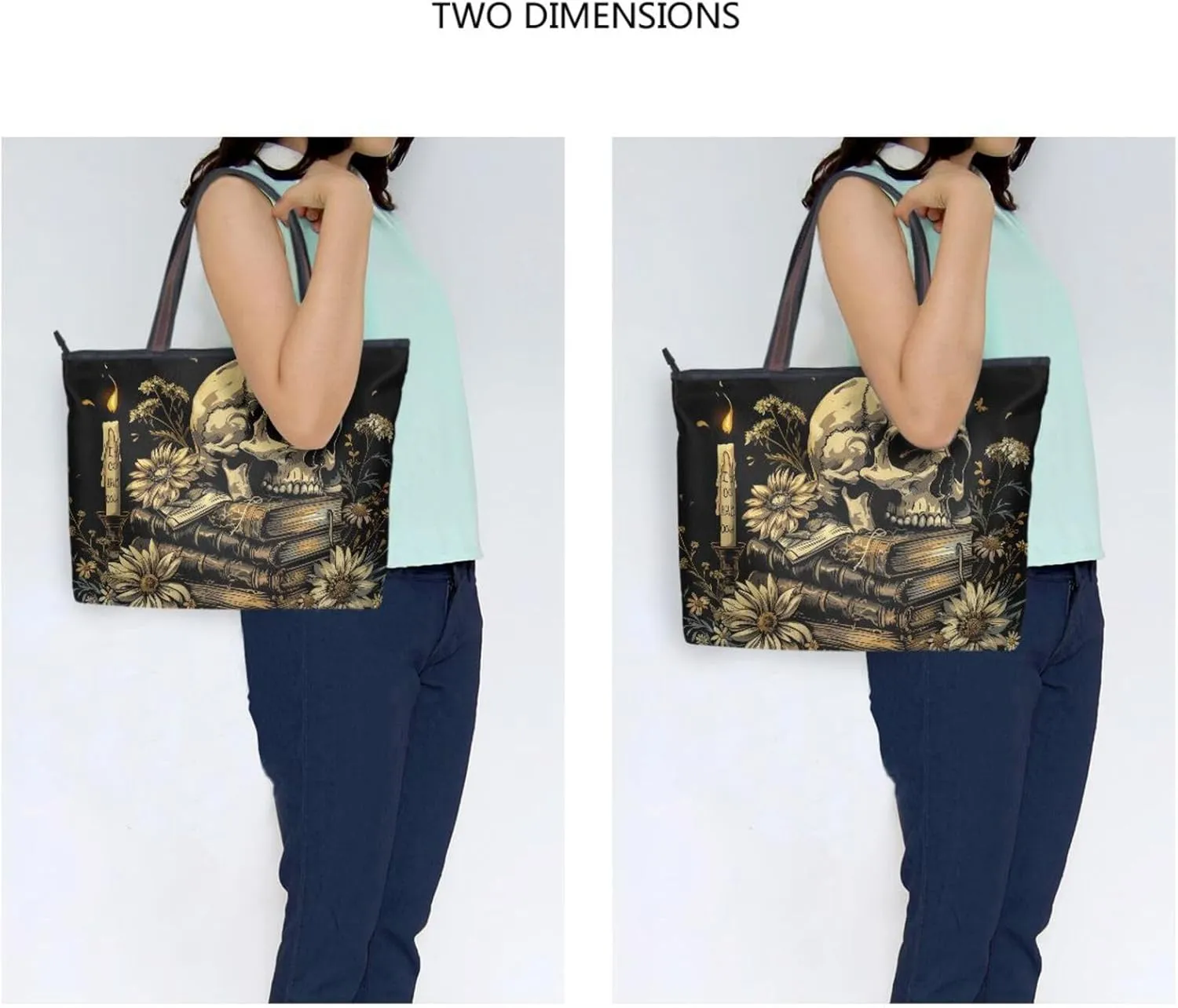 Skull Book Floral Candle Tote Bag for Women Durable Designer Handbag with Zipper for Daily Use Travel L