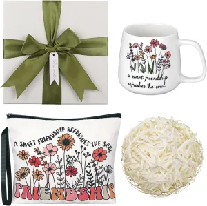 Skylety Christian Gifts Friendship Gifts for Women Friends, A Sweet Friendship Refreshes the Soul Christian Floral Ceramic Coffee Mug Cosmetic Bag for Women Friends Bestie