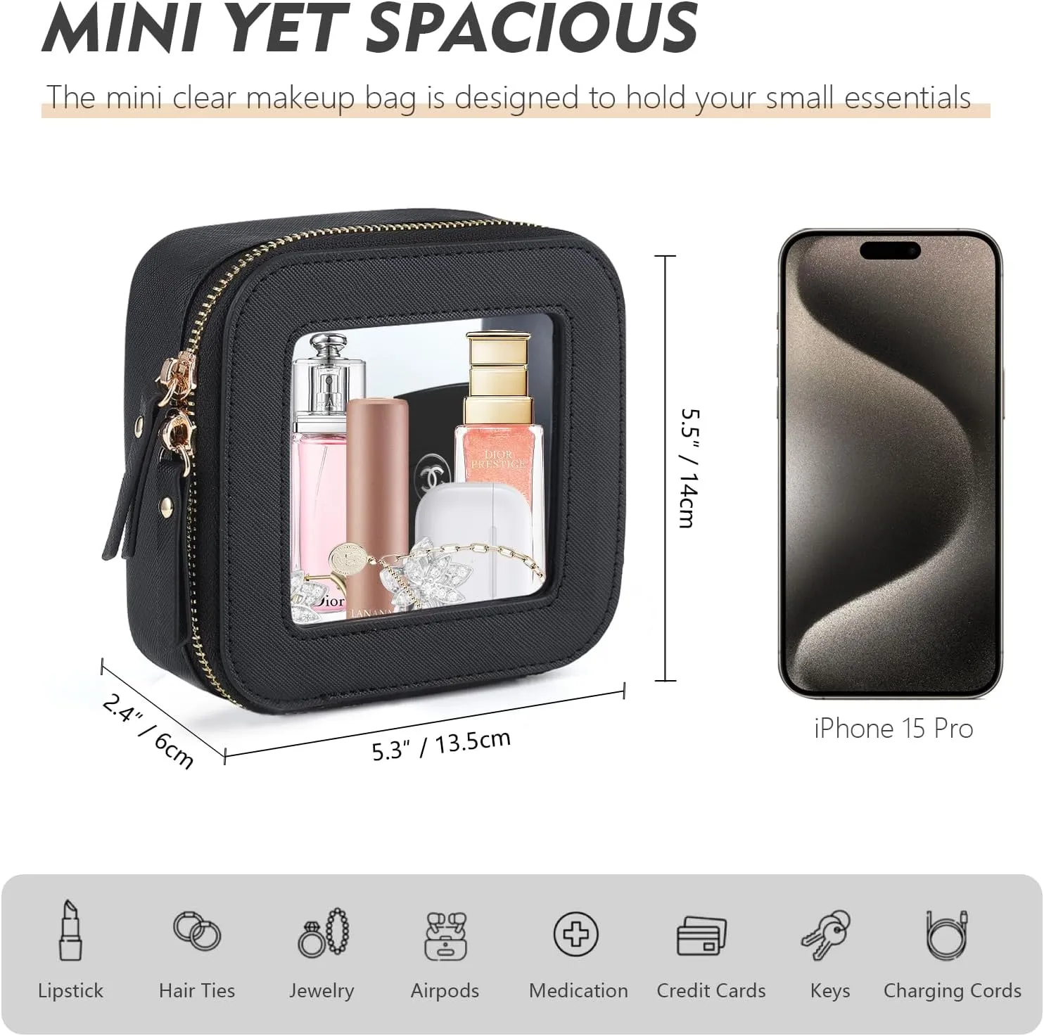 Small Makeup Bag, Travel Toiletry Bag, Mini Double-Sided Clear Waterproof Cosmetic Bag Organizer，Car Essentials for Women (Mini-Black)