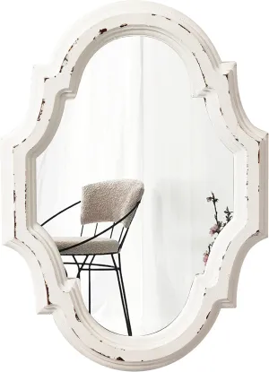 Small Vintage Oval Mirrors for Wall Decor 11 inch, Hanging Farmhouse Wood Entryway Mirror, Distressed White Rustic Scalloped Mirror, Ornate Accent Sculpted Mirrors for Living Room