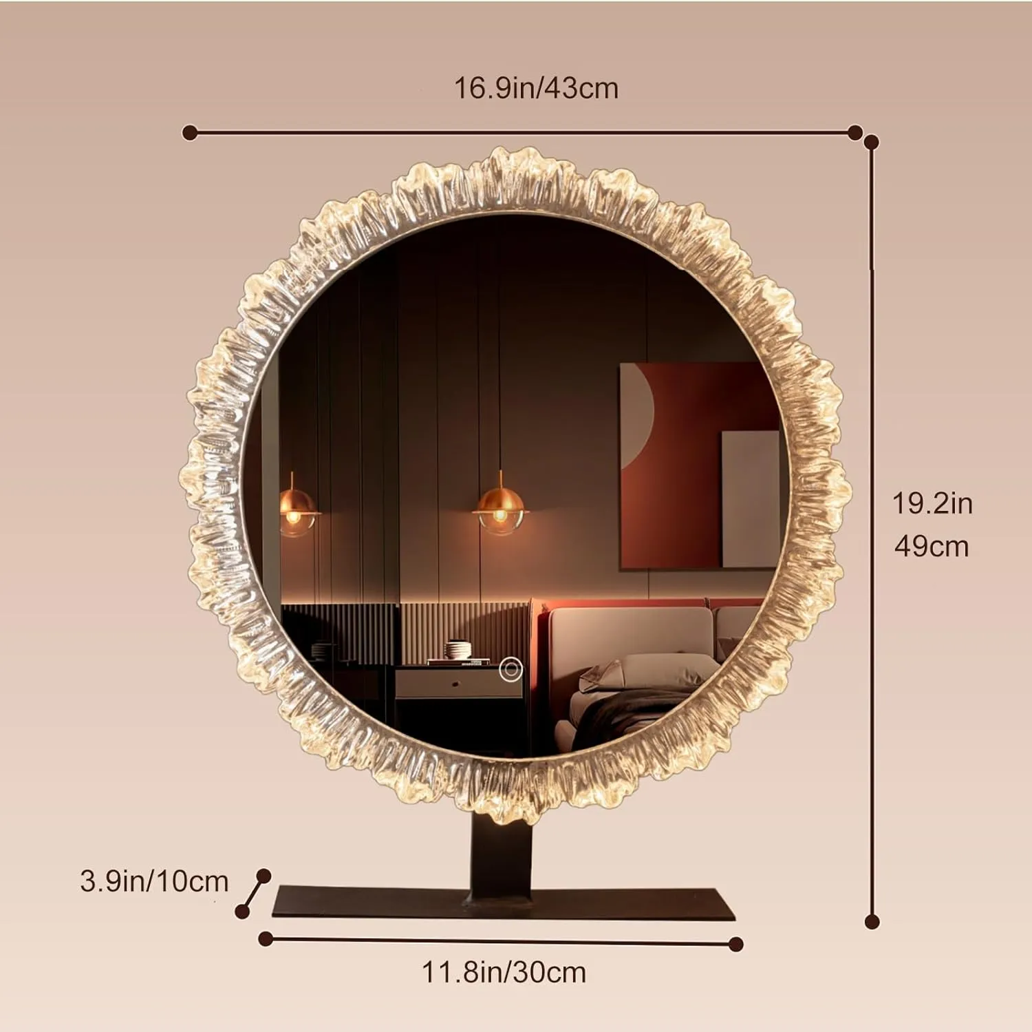 Smart LED Makeup Mirror with Adjustable Light, 3 Color Temperatures Crystal Frame, Beauty Mirror for Dressing Table & Beauty Lovers(Black,43 * 49cm/16.9 * 19.2in)