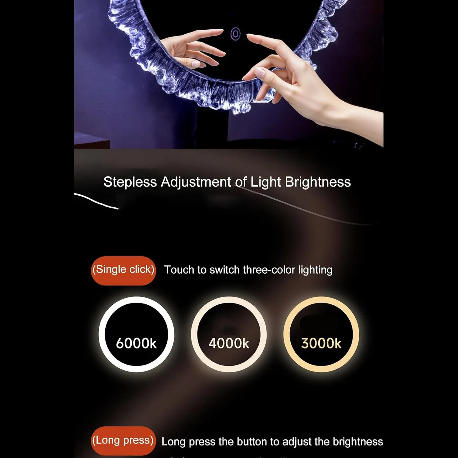Smart LED Makeup Mirror with Adjustable Light, 3 Color Temperatures Crystal Frame, Beauty Mirror for Dressing Table & Beauty Lovers(Black,43 * 49cm/16.9 * 19.2in)