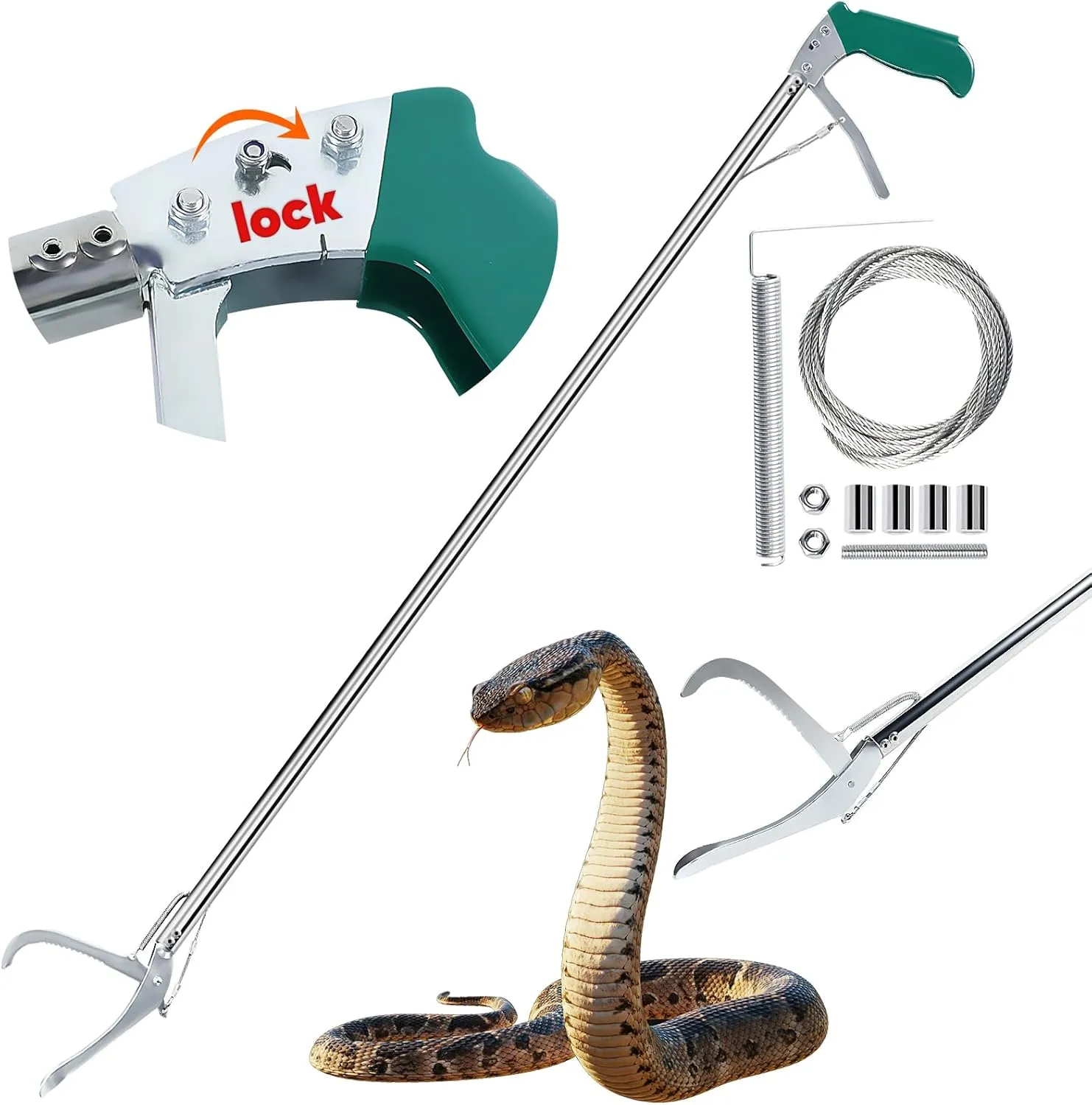 Snake Grabber Tool with Lock, 47" Professional Snake Tongs Stick Heavy Duty Reptile Snake Catcher Grabber Stainless Steel Snake Pole Wide Jaw Handling Tool with a Protective Structures for Snakes