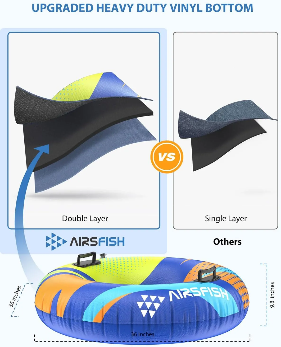 Snow Tube with Towable Leash, AirsFish Inflatable Snow Sled for Children Adults Heavy Duty Cover Wear-Resistant & Antifreeze Material Sledding Tubes for Winter Sports