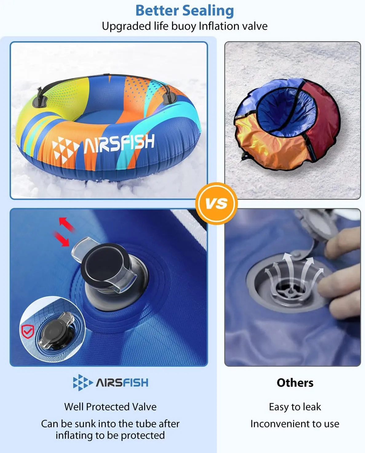 Snow Tube with Towable Leash, AirsFish Inflatable Snow Sled for Children Adults Heavy Duty Cover Wear-Resistant & Antifreeze Material Sledding Tubes for Winter Sports
