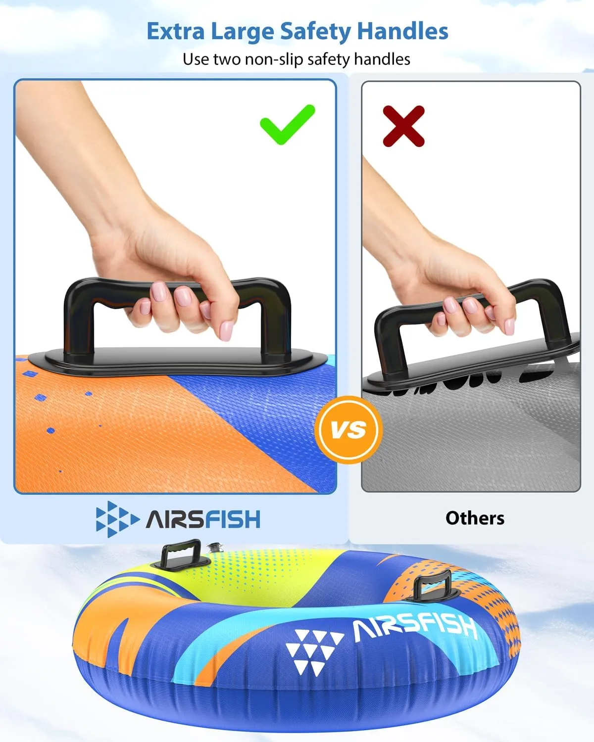 Snow Tube with Towable Leash, AirsFish Inflatable Snow Sled for Children Adults Heavy Duty Cover Wear-Resistant & Antifreeze Material Sledding Tubes for Winter Sports