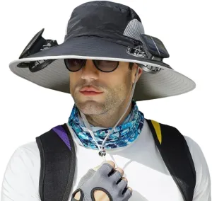 Solar Fan Hat, 2025 Outdoor Wide Brim Sun Hat, Adjustable Range 56-60cm, Sun Bucket Fishing Hats, with 2 Solar Fans