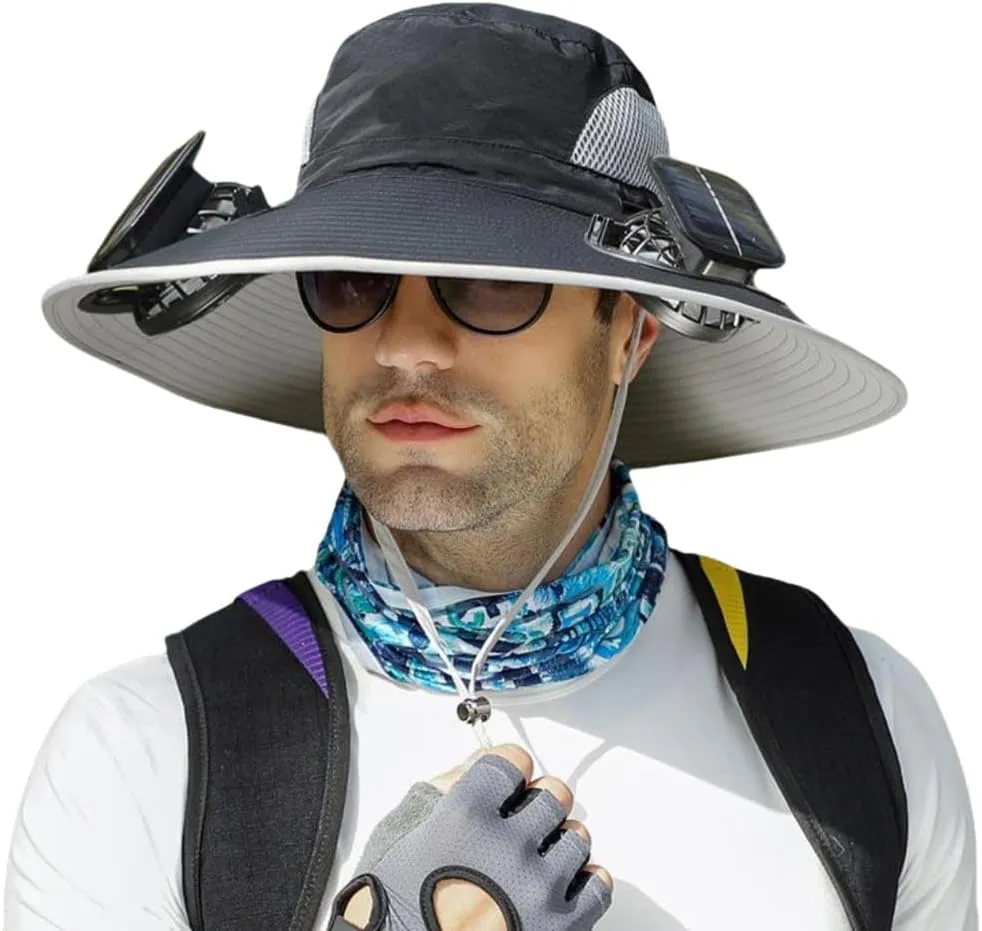 Solar Fan Hat, 2025 Outdoor Wide Brim Sun Hat, Adjustable Range 56-60cm, Sun Bucket Fishing Hats, with 2 Solar Fans