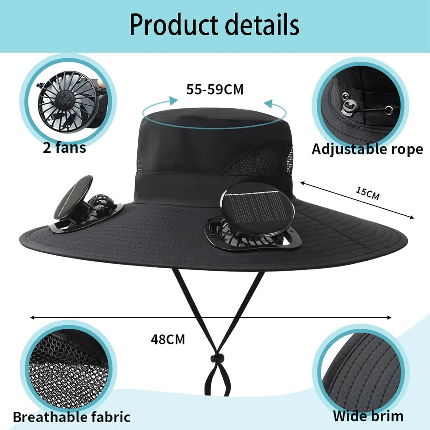 Solar Fan hat, Hat with Fans Solar Power, Wide Edge Sun hat, Sun Bucket hat with 2 Solar Universal Fans, Worth Buying.