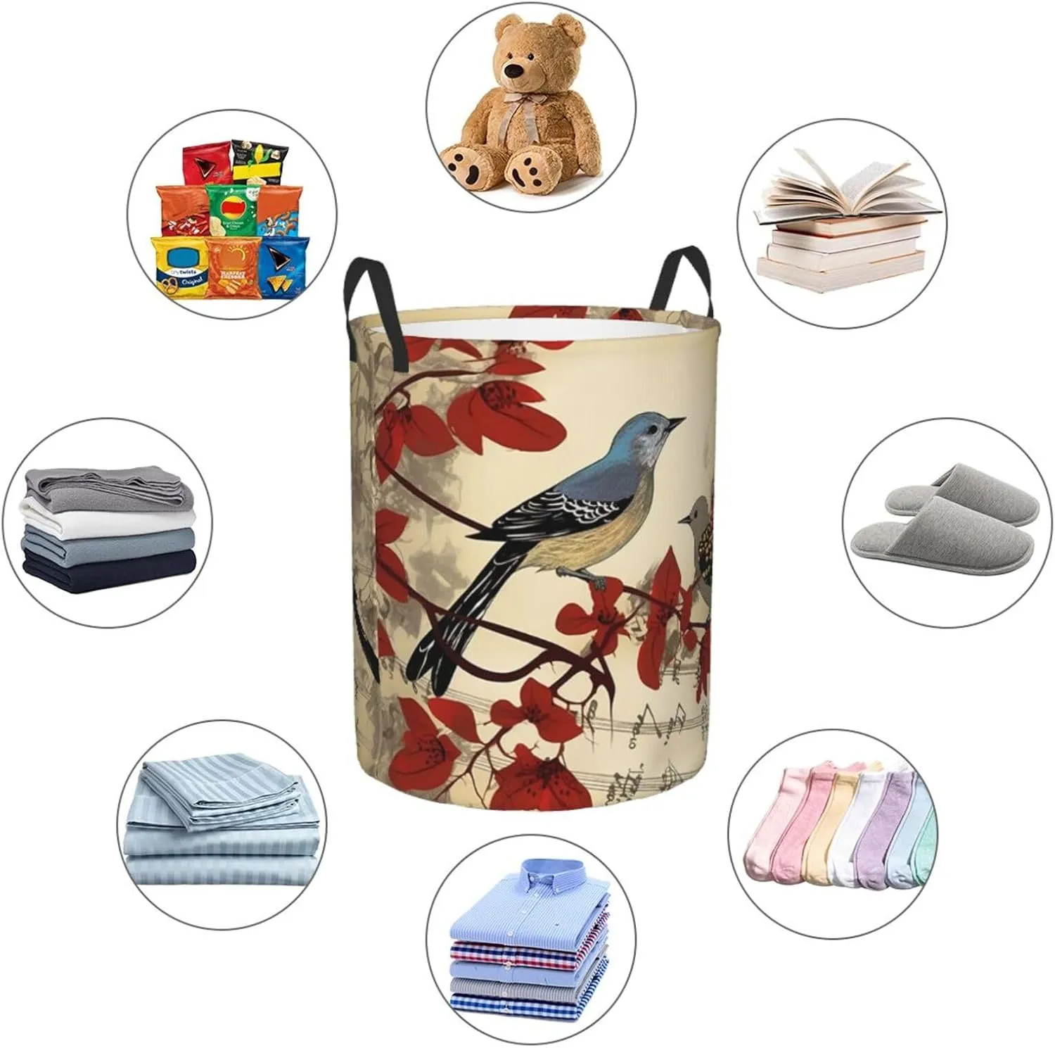 Songbirds Laundry Basket With Handles Foldable Oxford Cloth Tote Bag Laundry Hamper Waterproof Clothes Storage Bucket Toy Organizer For Laundry Room/Bathroom/Bedroom/Dormitories