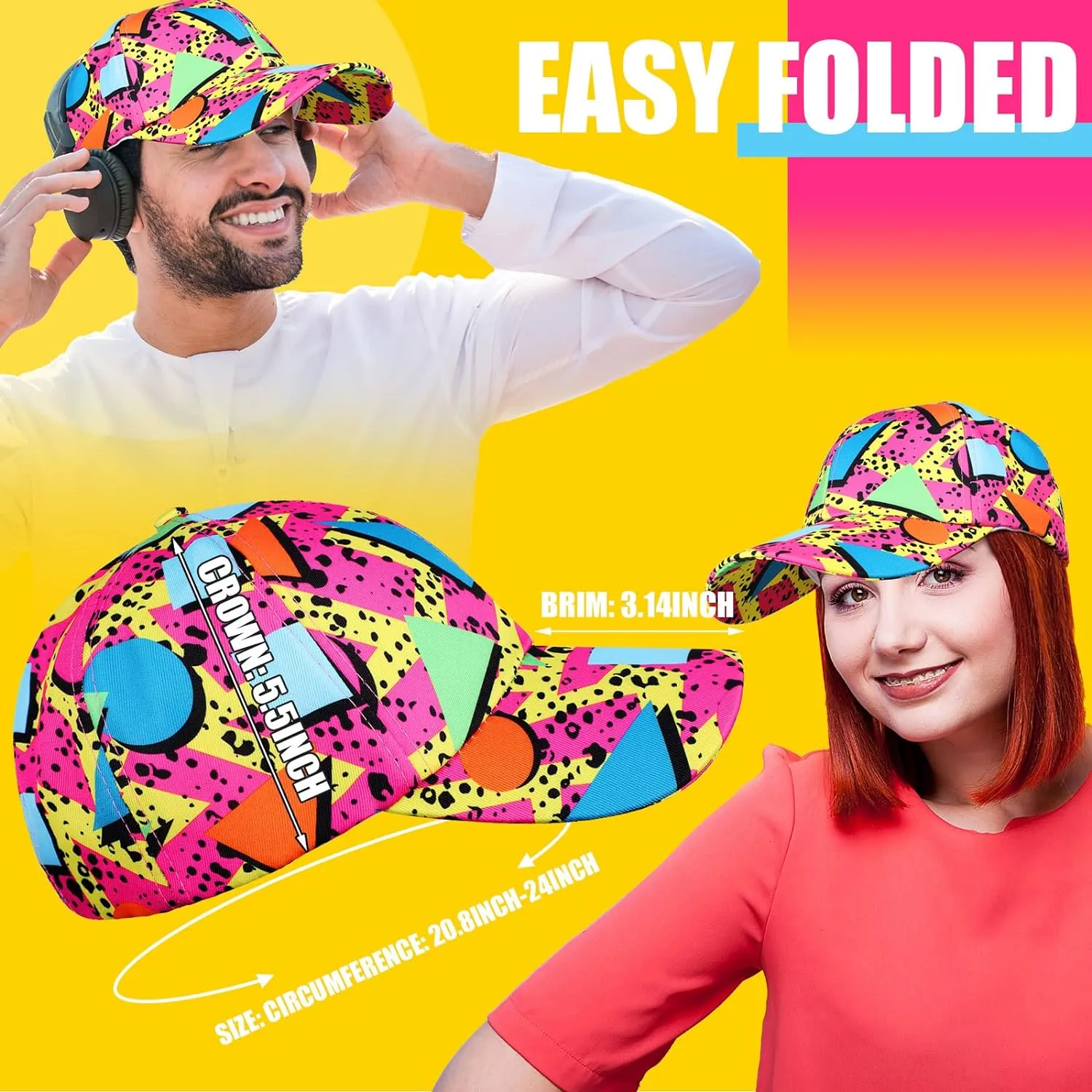 Sotiff 2 Pcs Retro 80s 90s Outfits for Women Men 80s Fanny Pack and Hat 90s Costumes Adjustable Waist Bag Bucket Hats for 90s Themed Party(Bright Style)